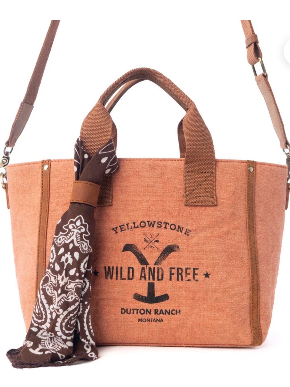 Myra Bag Peach-Orange Canvas Tote with Brown Bandana Accent